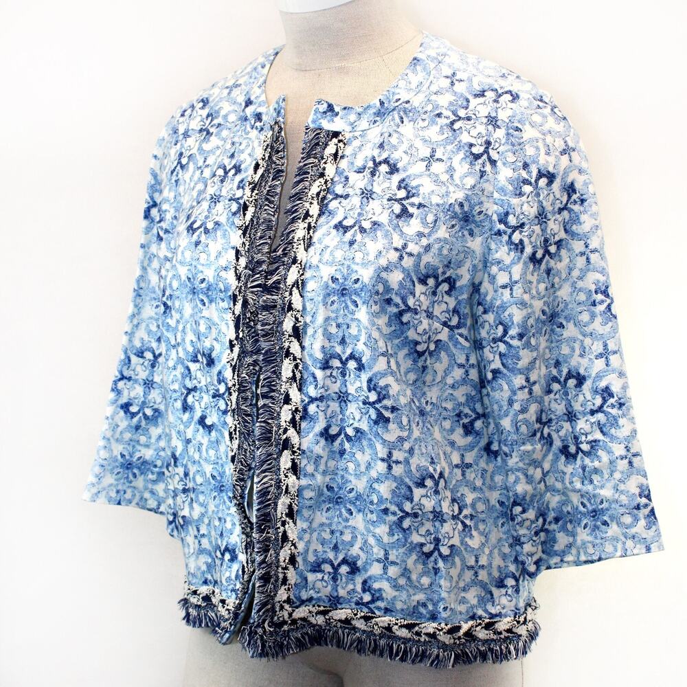 Chico's Blue and White Floral-Print Fringe-Trim Cardigan
